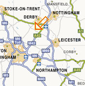 map showing location of Ashby between Derby, Nottingham, Birmingham, Leicester, close the the M6, M1, M42