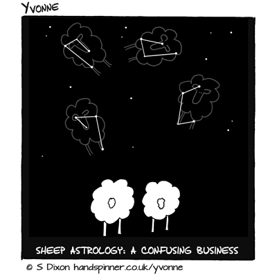 Two sheep stargazing, all constellations are sheep. Caption is Sheep astrology, a confusing business