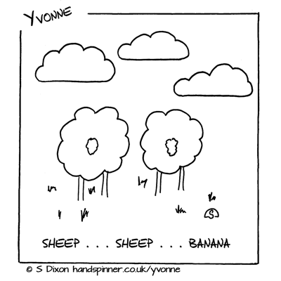 Sheep looking at clouds. Caption is Sheep... sheep... banana...