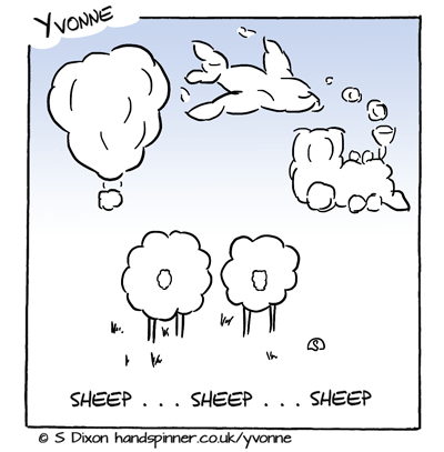 Sheep gazing at clouds. All clouds look like other things, but caption is 'sheep...sheep...sheep'.