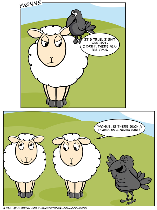Cartoon featuring sheep Yvonne and Maureen and their friend Crow. Transcript is on the page
