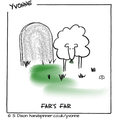 A ewe grazing a graveyard. Caption is Fair's fair