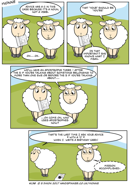 Cartoon featuring Maureen (who doesn't spell very well) and Myrtle (the eldest) sheep. Transcript is on the page