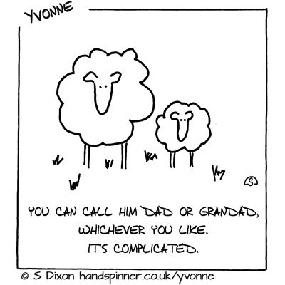 A ewe and lamb. Caption is You can call him Dad or Grandad, whichever you like. It's complicated.