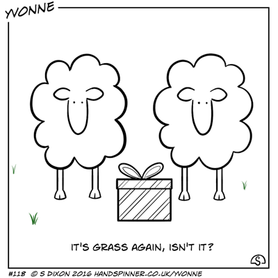 Two sheep with a gift-wrapped box between them. Caption: It's grass again, isn't it?