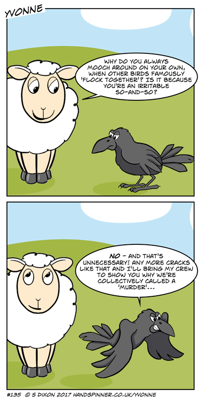 Cartoon featuring Yvonne the sheep and Crow. Transcript is on the page