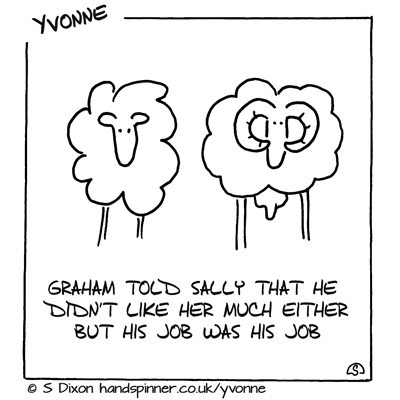 Ewe and ram. Caption is Graham told Sally he didn't like her much either, but his job was his job.