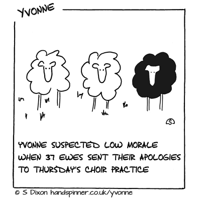 Three sheep, caption says Yvonne suspected low morale when 37 ewes sent their apologies to choir practice