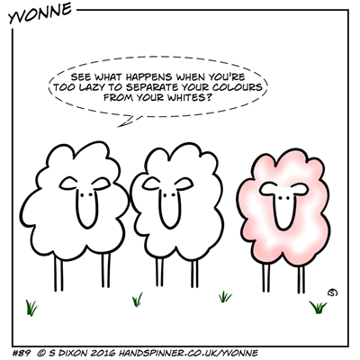 One sheep is pink. Two white ones whisper: See what happens when you're too lazy to separate your colours from your whites?