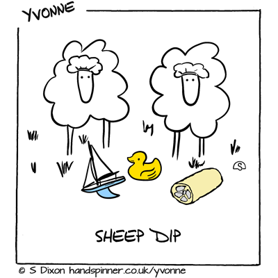 Sheep are wearing shower caps, surrounded by tubby toys and loofah. Caption is Sheep dip