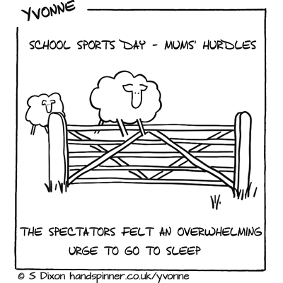 Ewes jumping hurdles. Caption is School Sports Day, Mum's Hurdles. The spectators felt an overwhelming urge to go to sleep.