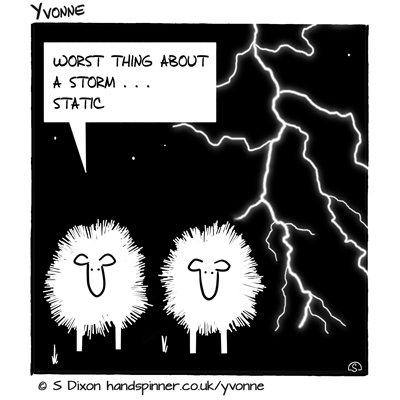 Sheep with wool standing on end, electric storm in background. Caption is worst thing about a storm... static.