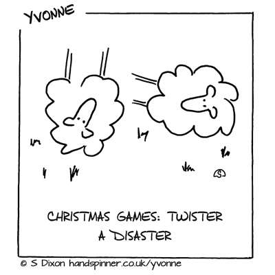Sheep on their backs and sides, caption is Christmas games: Twister was a disaster