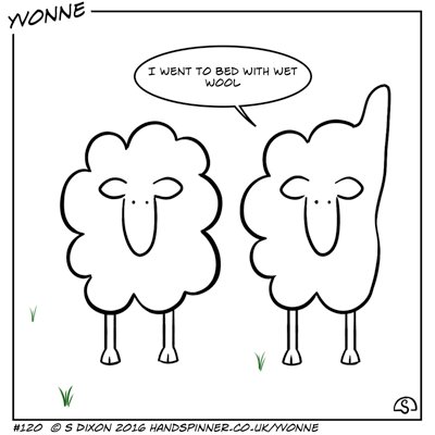 Two sheep, one has wool sticking up. Maureen:  I went to sleep with wet wool.