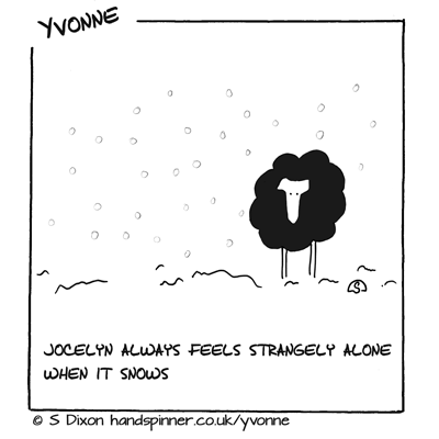 Black sheep apparently alone in a snowstorm. Caption is Jocelyn feels strangely alone when it snows